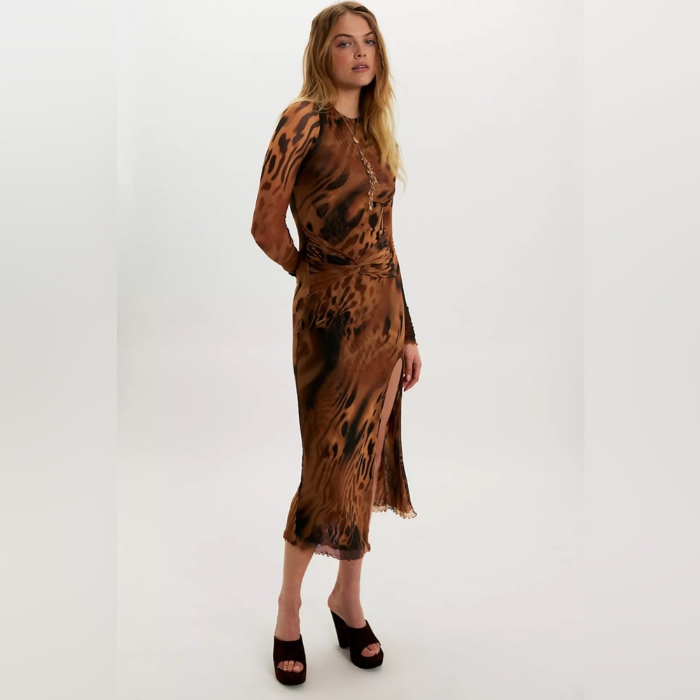 Free People Gianni Maxi Dress Latte Combo Mesh Long Sleeve Brown Print Slit XS